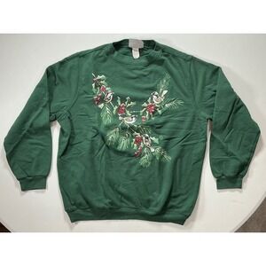 VTG Y2K Blair Christmas Granny Sweatshirt Women M Green Bird Holly Winter